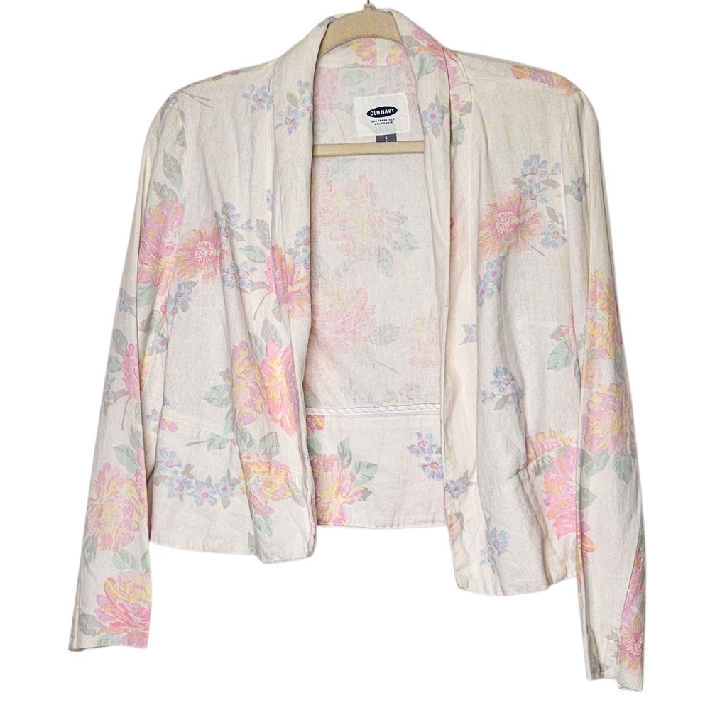 Old Navy Floral Print Open‎ Front Blazer Pastel Spring Jacket Size Small Cottage